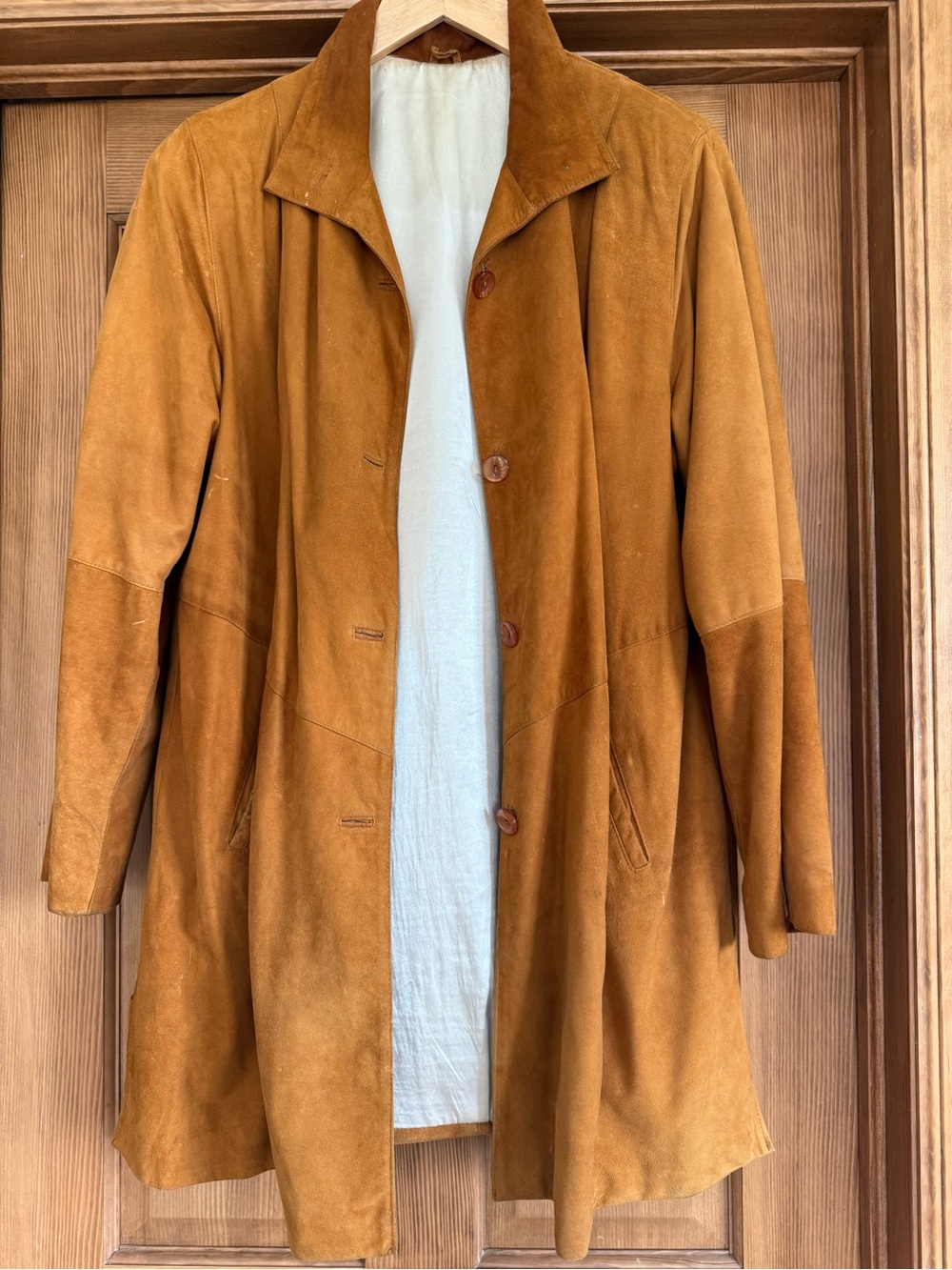 Italian Made Suede and Silk Women's  Long Coat in Camel Brown